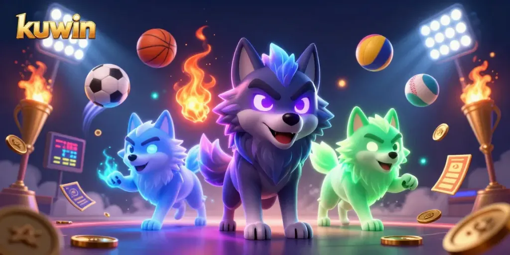 Kuwin engages players with a dynamic scene featuring spectral wolves among vibrant sports betting elements.