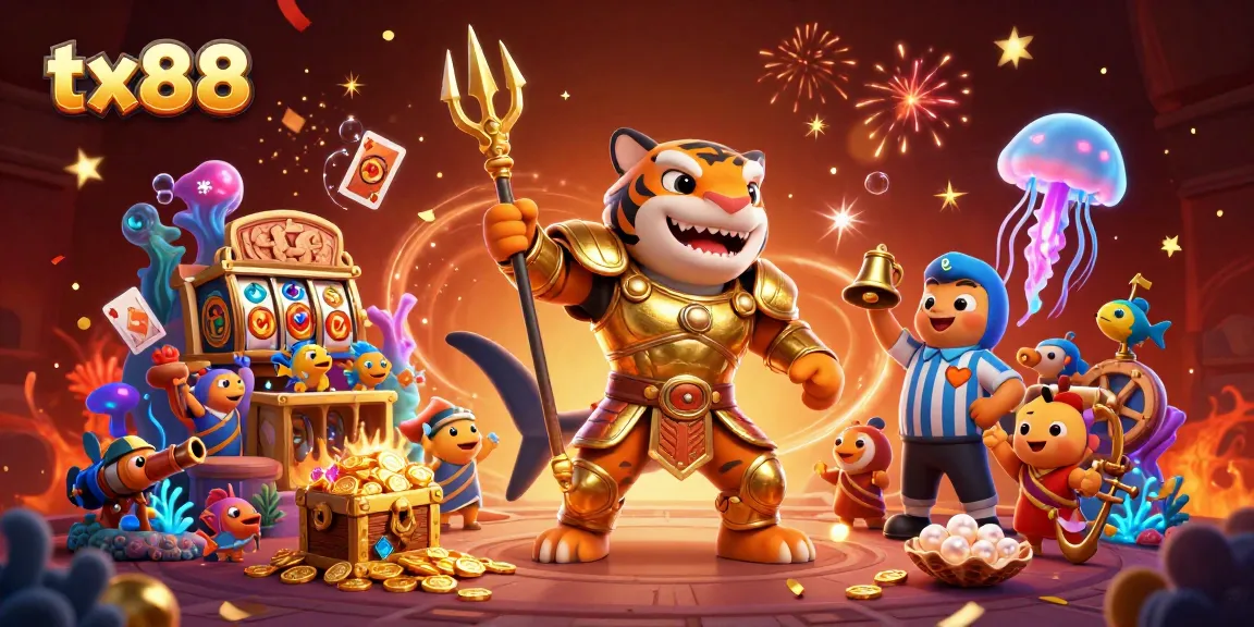 Experience the thrilling action of tx88 with a golden gladiator shark and vibrant underwater treasures.