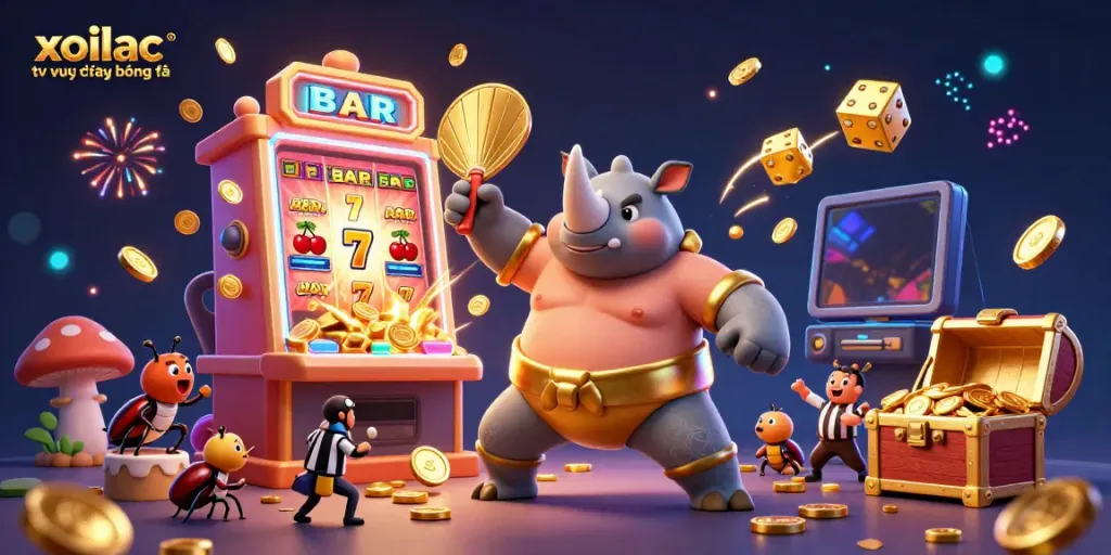 Xoilac tv trực tiếp bóng đá scene showcasing an energetic cartoon beetle champion amidst exploding casino elements and spectators.