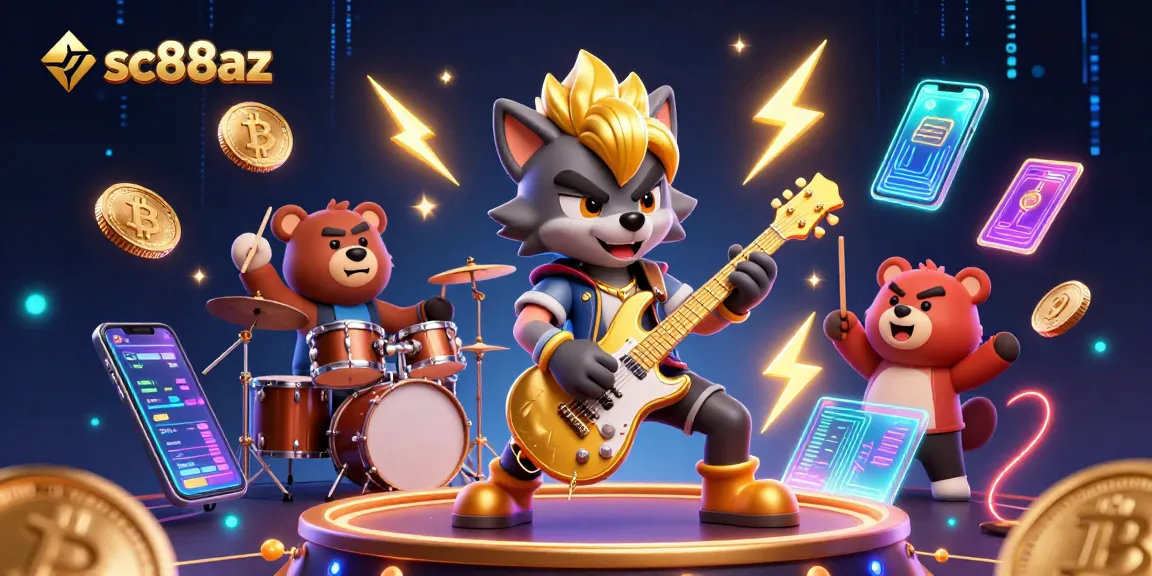 Experience thrilling wins at sc88az with vibrant cartoon characters showcasing crypto and gaming elements.