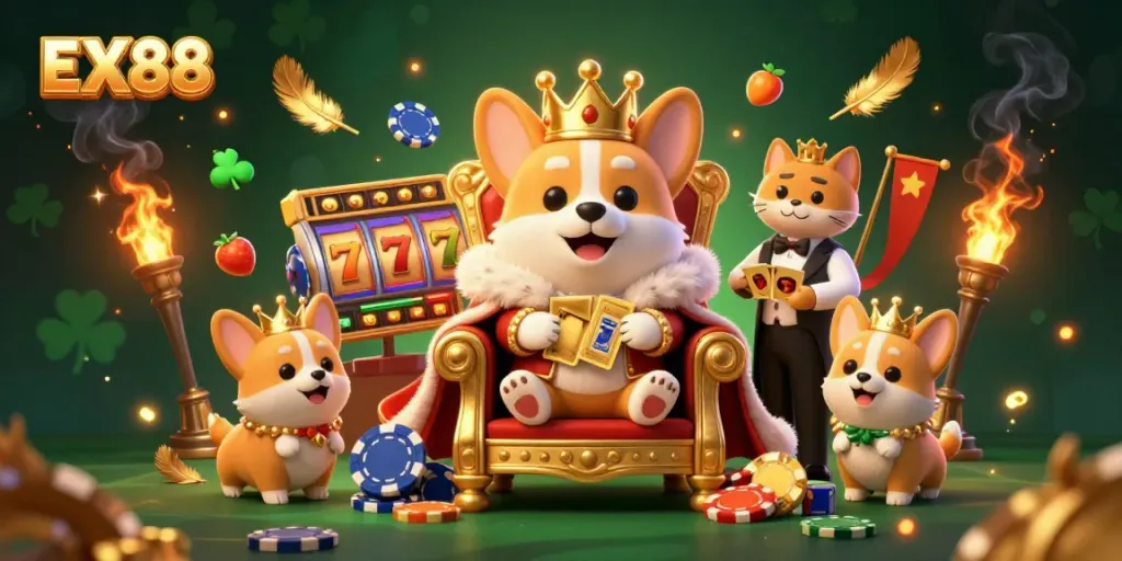 Experience the excitement of EX88 with a royal corgi throne amidst vibrant casino elements.