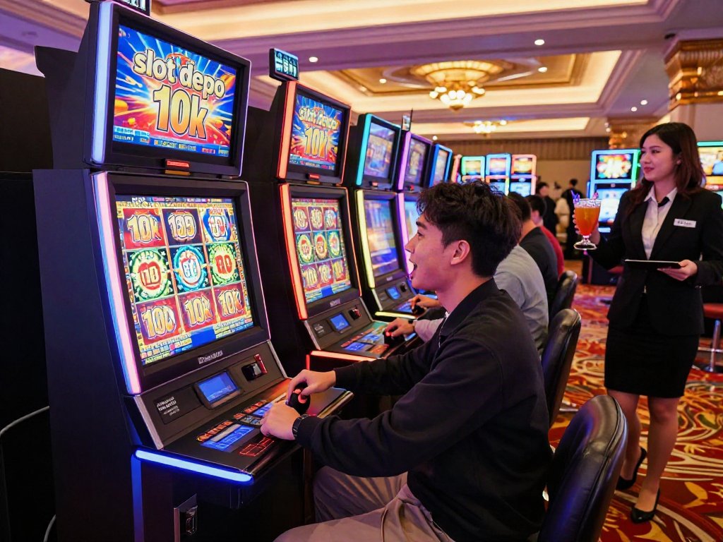 Engaged player at a slot machine depicting 'slot depo 10k' jackpot excitement in a vibrant casino atmosphere.