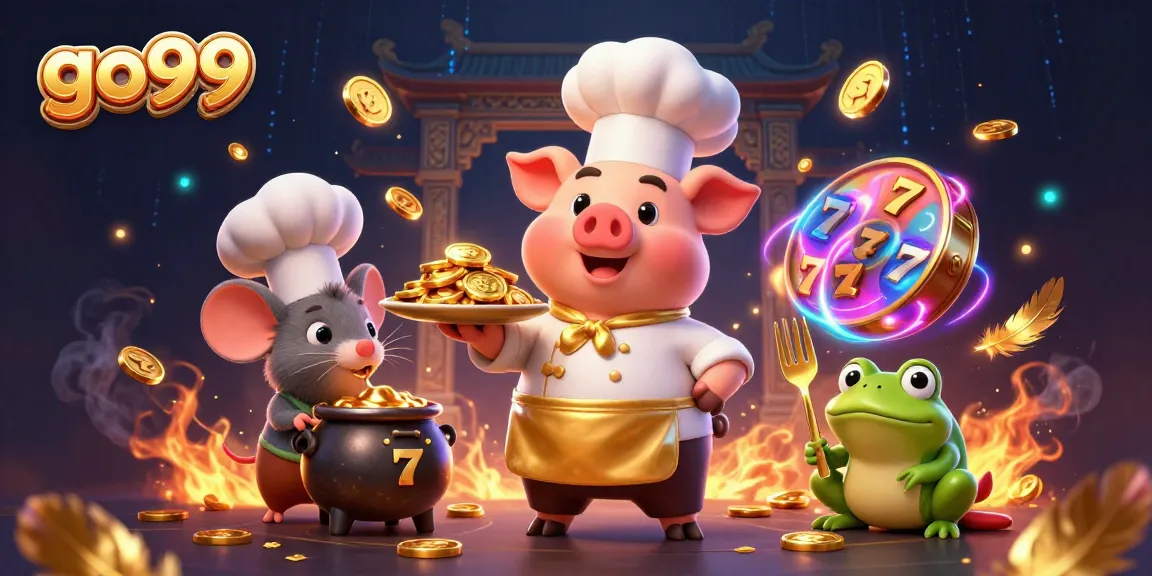 Experience the thrill at go99 with a vibrant casino scene featuring a pig chef serving gold coins, enhancing your game.