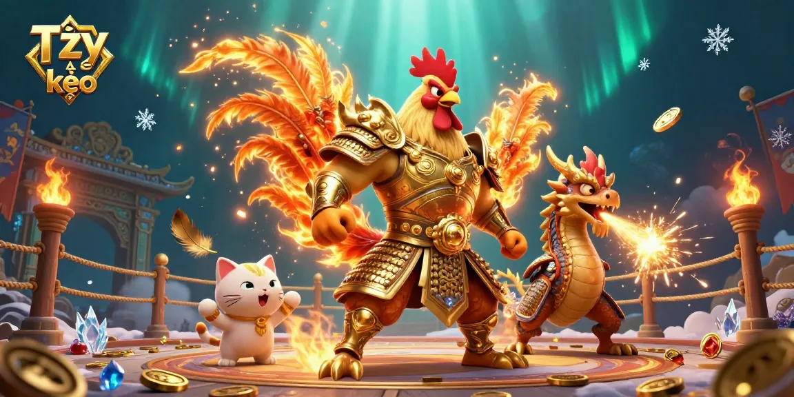 Engage with Tỷ lệ kèo through this powerful sports betting 3D illustration depicting a warrior rooster and dragon.