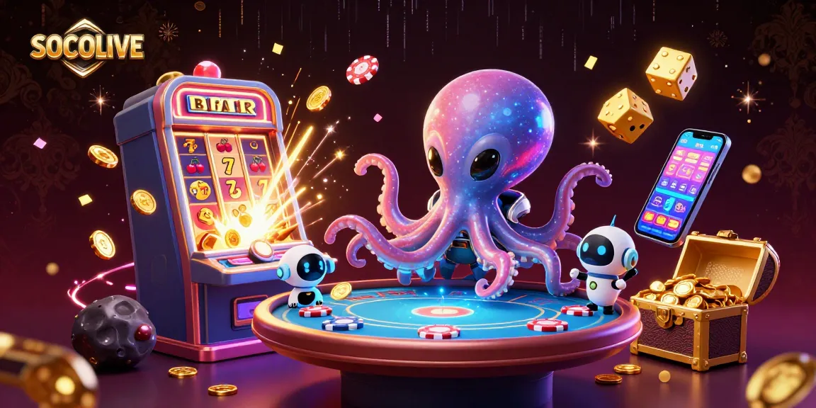 SOCOLIVE showcases a vibrant alien octopus at a holographic poker table amid stunning casino elements.