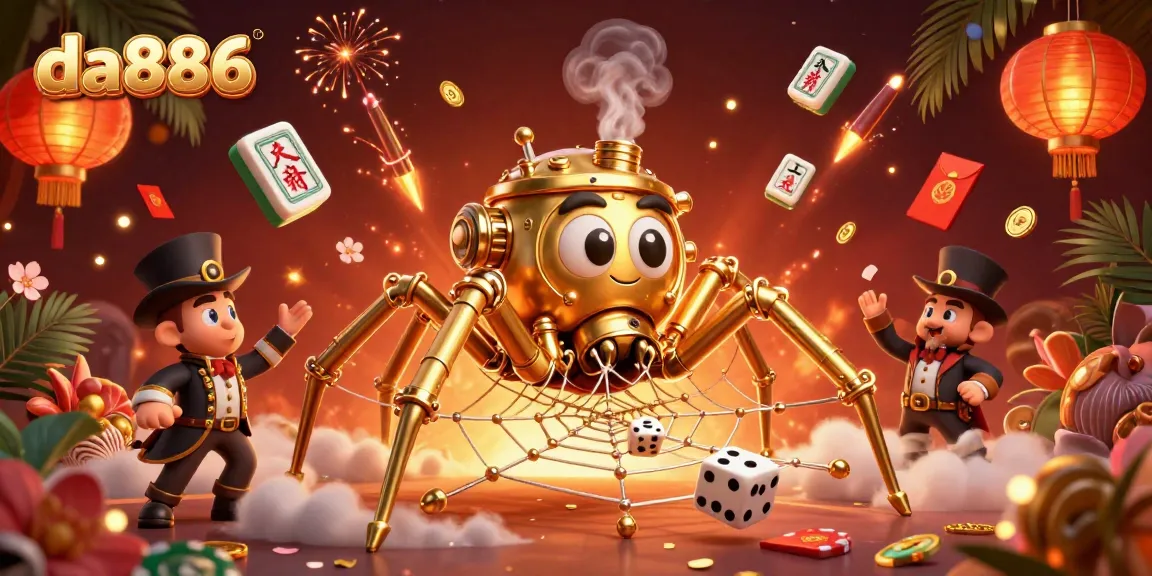 Catch lucky dice at da886 with a whimsical steampunk spider in a colorful casino scene.
