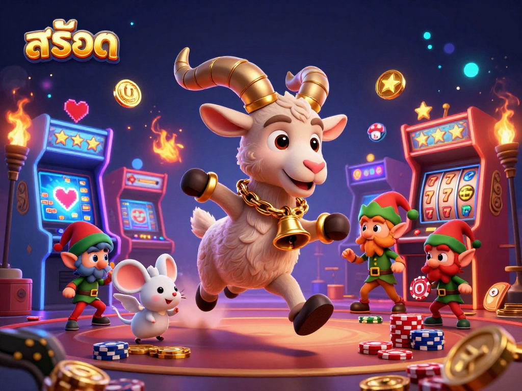 Play exciting สล็อต games with a festive Krampus goat and mischievous characters in a vibrant casino scene.