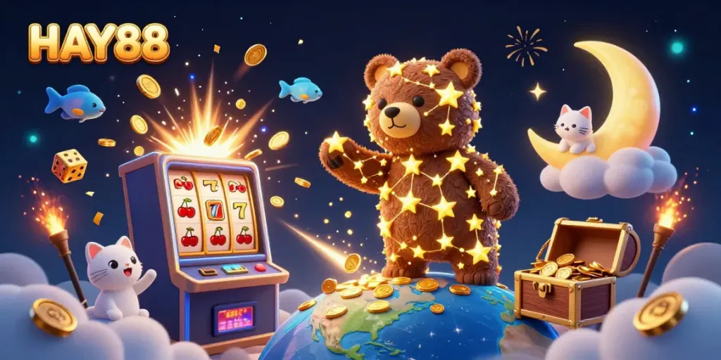 Experience the excitement of HAY88 with this ultra-detailed 3D casino scene bursting with gaming elements and imaginative characters.