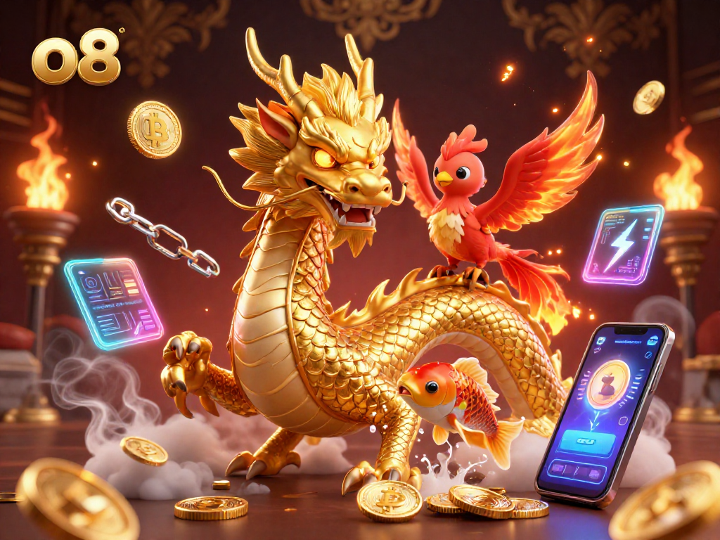 Experience thrilling gameplay at o8 with a fierce dragon, phoenix, and koi fish amidst an exciting scene.