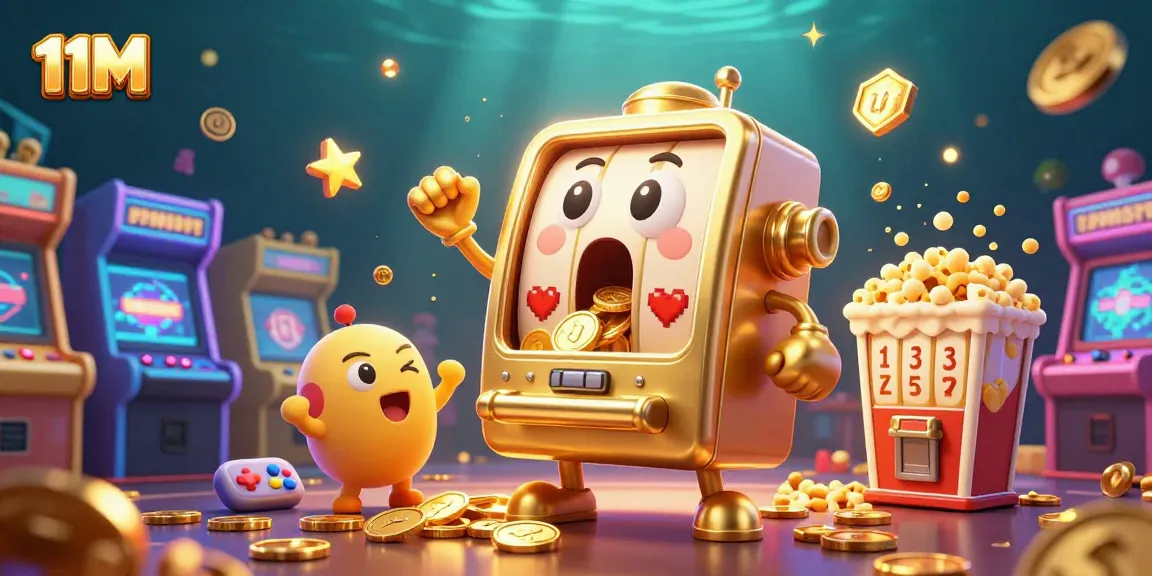 Engage with 11M slot machines celebrating a jackpot in a vibrant casino scene filled with game elements.