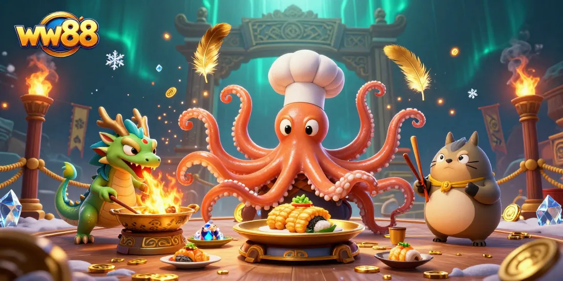 Experience the vibrant world of ww88 with a 3D cartoon depiction of an octopus sushi chef, dragon, and tanuki preparing golden treasures.