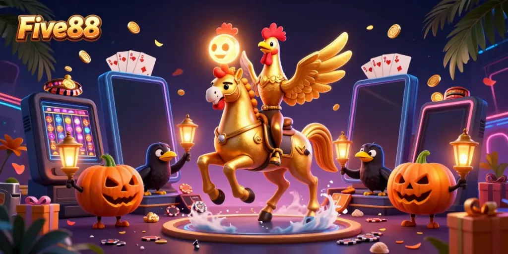 Experience exhilarating gameplay at Five88 with an enchanted casino scene featuring a golden rooster and crows.