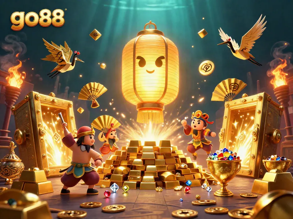 Experience excitement with go88 as the golden lantern spirit illuminates a vibrant casino scene filled with treasures.