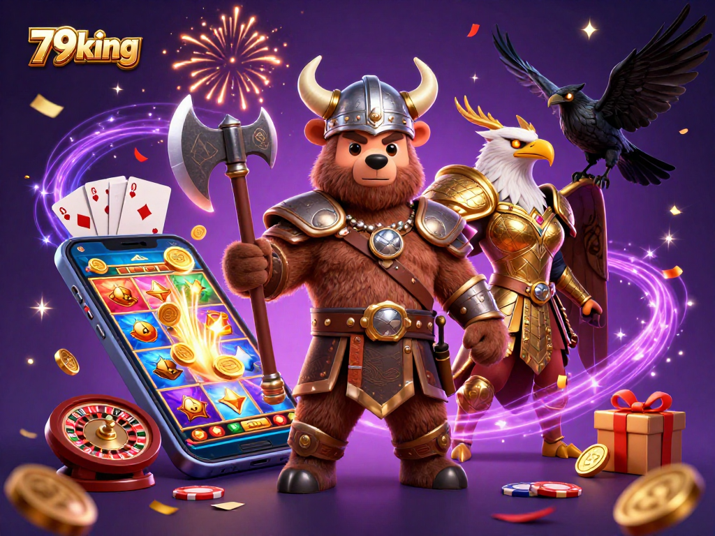 Experience thrilling wins with 79king's vibrant 3D casino scene featuring iconic gaming elements.