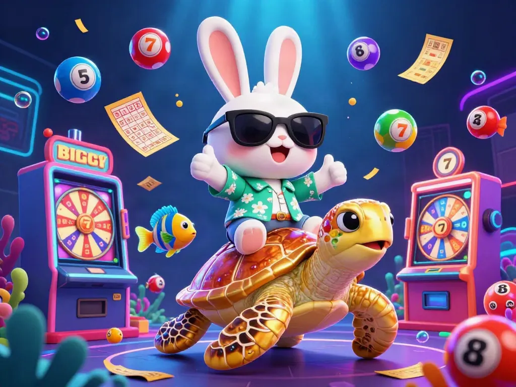 Engage in thrilling games at jw88 with a lively illustration of a lucky rabbit and a golden turtle amidst vibrant casino elements.