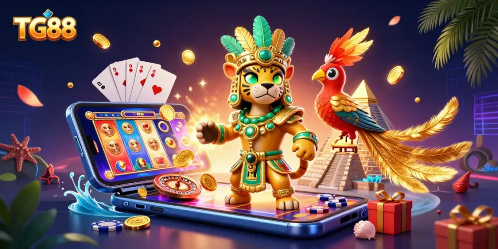 Play exciting slot games with TG88 featuring vibrant characters and dynamic casino elements.