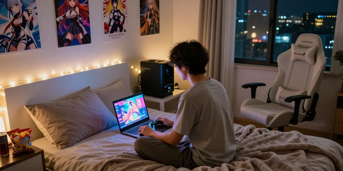 Person enjoying hentai games on laptop in cozy bedroom with gaming decor