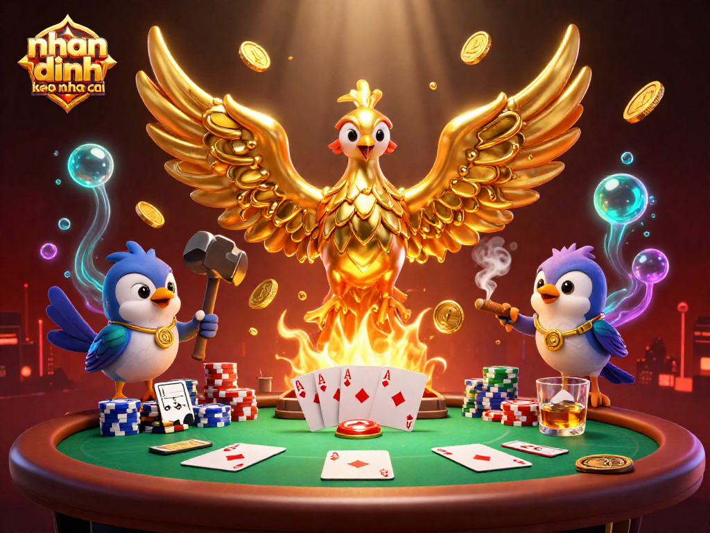 Experience the excitement with nhan dinh keo nha cai as golden phoenix rises, coins flying, poker action alive.