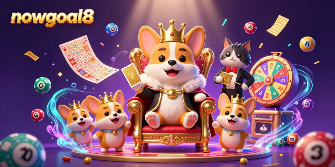 Experience thrilling wins with nowgoal8 as the royal corgi celebrates surrounded by vibrant lottery elements.