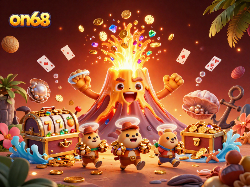 Experience thrilling wins with on68 as treasures erupt from a golden volcano amidst vibrant slot reels.