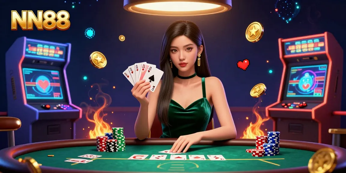 Experience thrilling poker action at NN88 with a stunning Asian dealer and vibrant arcade game elements.
