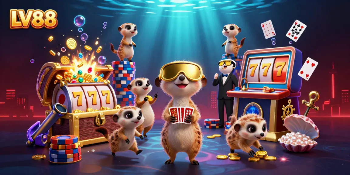 Experience the excitement at LV88 casino with meerkats in a vibrant 3D illustration full of games and action.