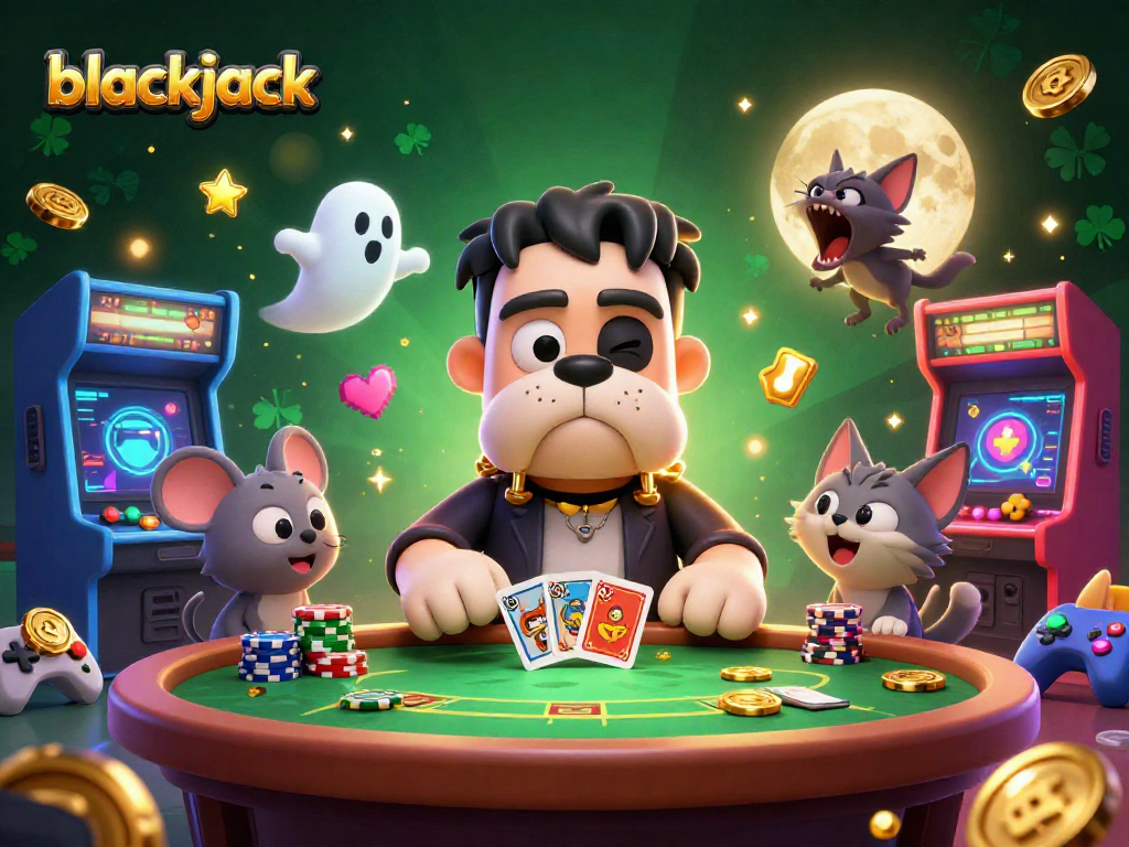 Experience thrilling blackjack action as a charming bulldog dealer interacts with a ghost mouse!