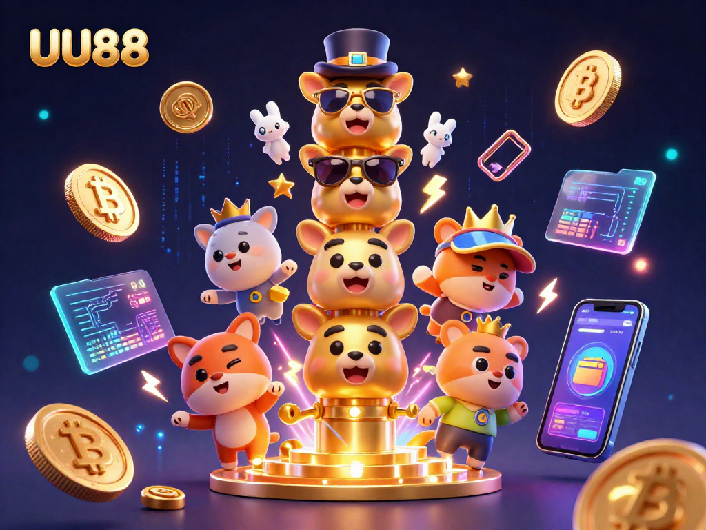 Experience the thrill of UU88 with dynamic casino elements, golden totem, and vibrant crypto animations.