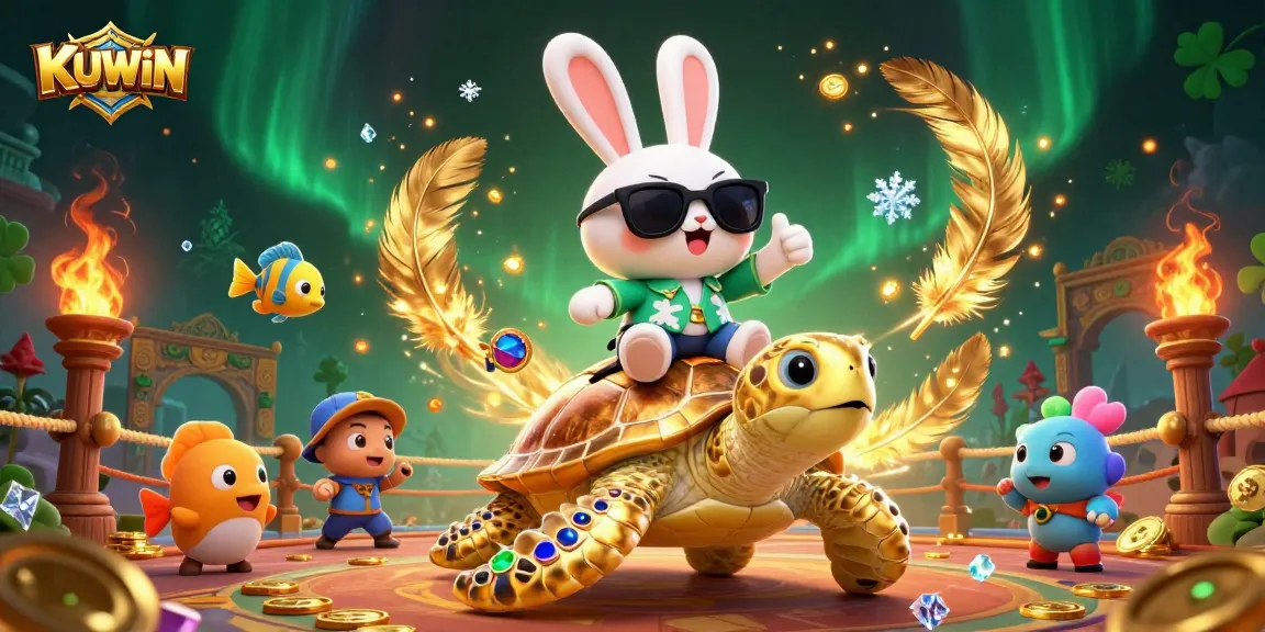 Join the action at KUWIN with a colorful 3D scene featuring a lucky rabbit and golden sea turtle in an energetic casino atmosphere.