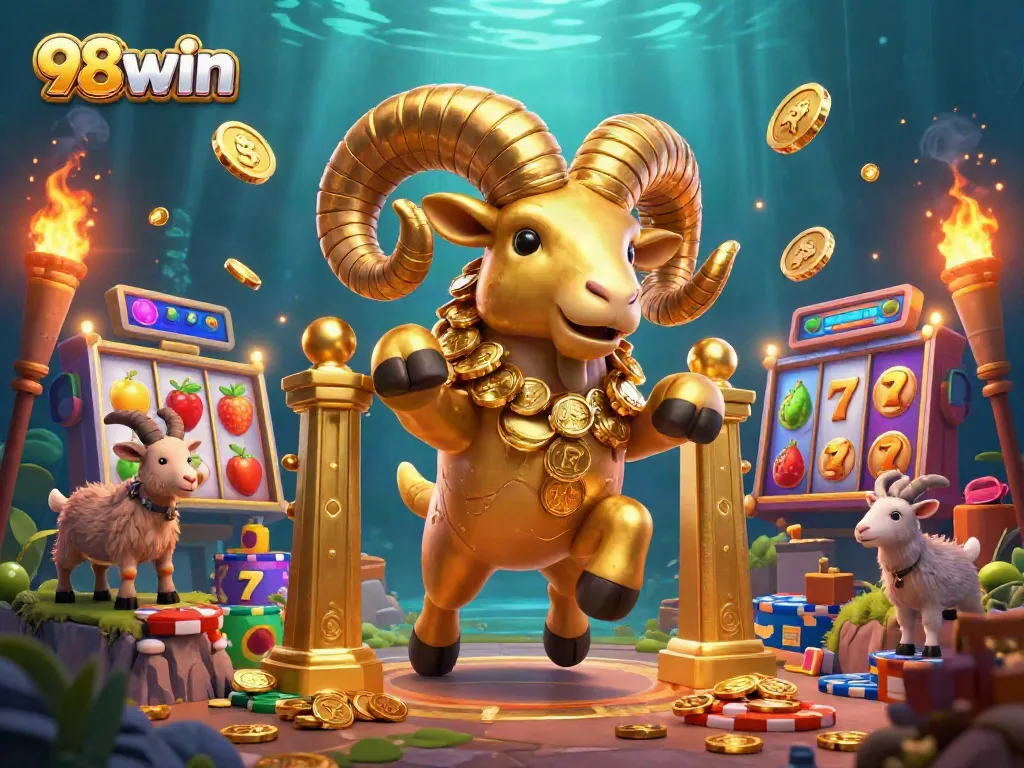 Experience thrilling jackpots at 98win with vibrant casino elements and a charging golden ram.