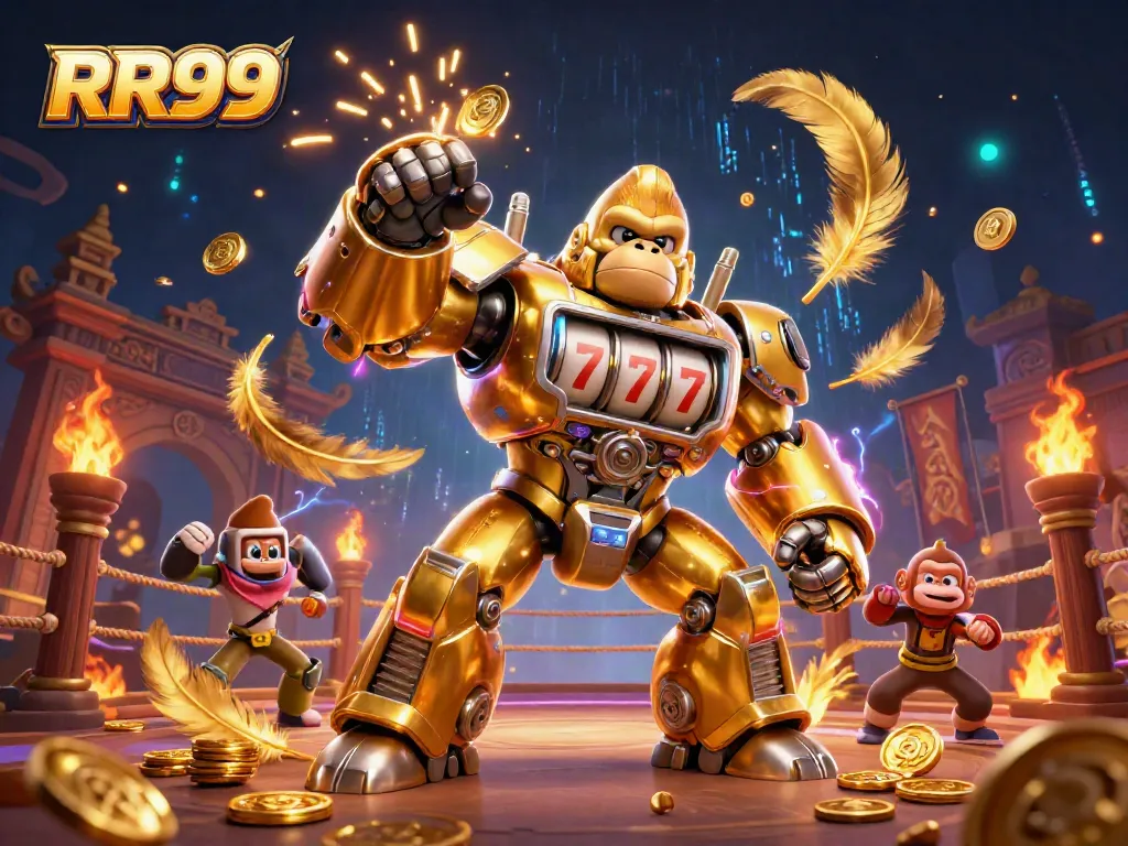 Experience thrilling action at RR99 with a golden gorilla mech and dynamic casino elements.