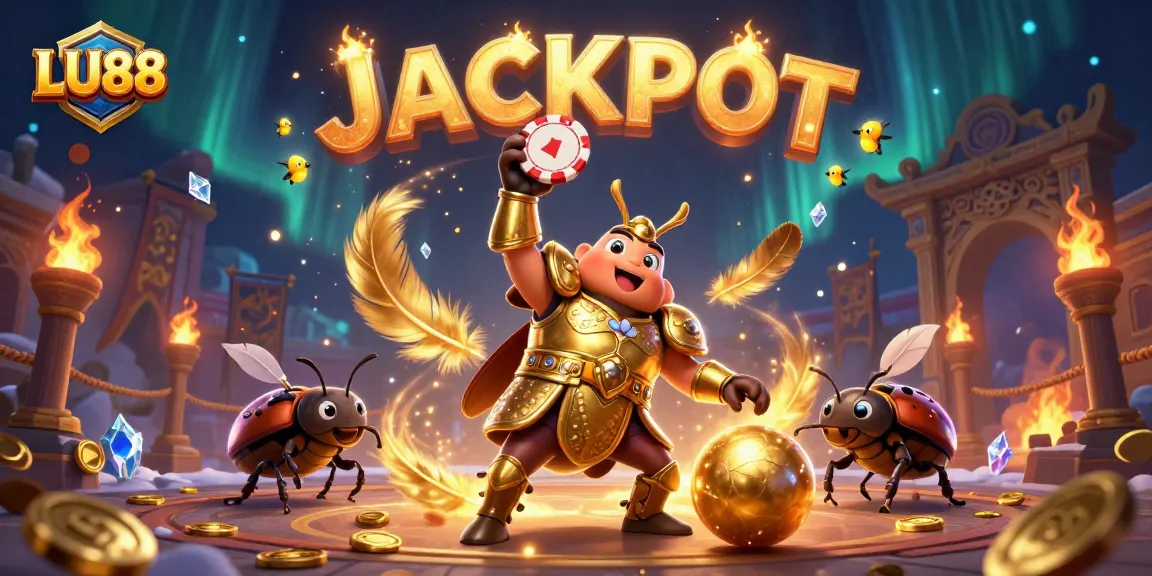 LU88 celebrates victory with a 3D cartoon beetle amidst casino elements, invoking excitement and gameplay energy.