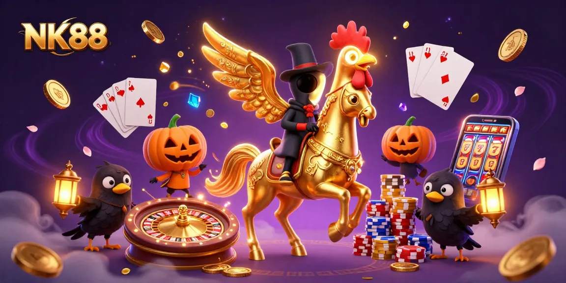 Nk88 immerses players in a dazzling midnight casino atmosphere with golden rooster characters and dynamic gaming elements.