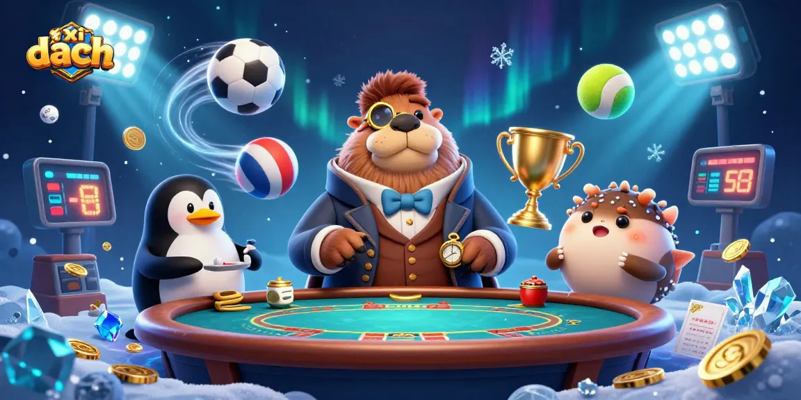 Engage with xì dách at an underwater poker table featuring a jolly walrus, sophisticated dealer, and a bluffing pufferfish.
