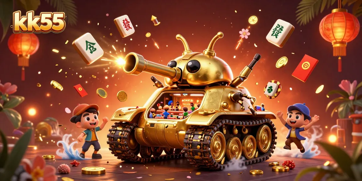 Experience thrilling gameplay at kk55 with golden beetle tank, confetti, and vibrant casino elements.