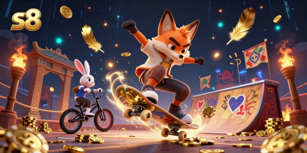 Experience thrilling gameplay with s8, illustrated in a vibrant dynamic casino setting featuring playful animal characters.