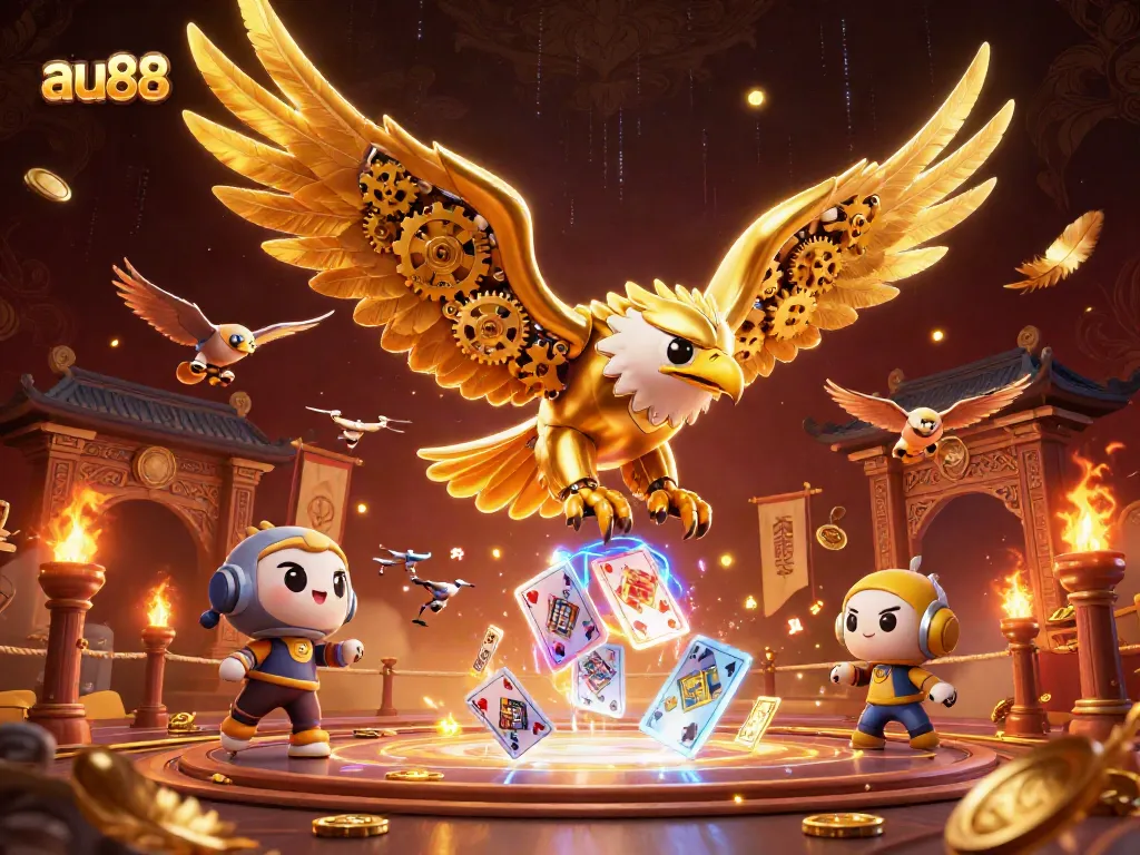 Experience the excitement at au88 with a striking golden eagle and holographic cards in a vibrant casino setting.