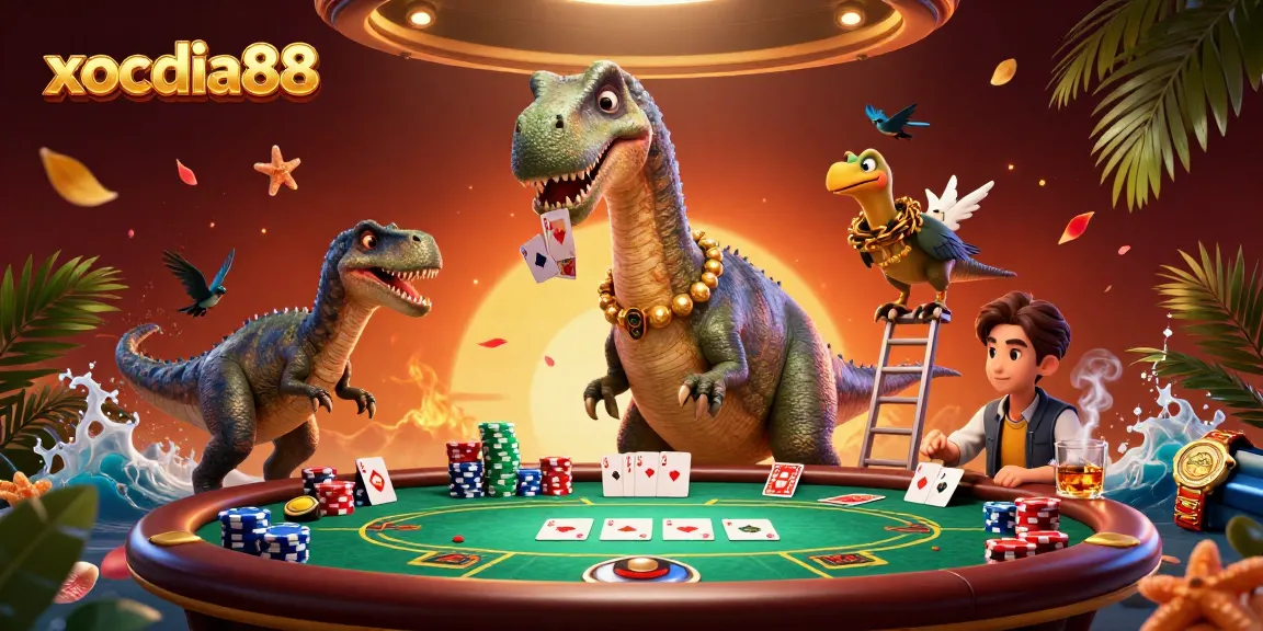 XOCDIA88 brings thrilling card games to life with a whimsical dinosaur dealer and dynamic poker scene.