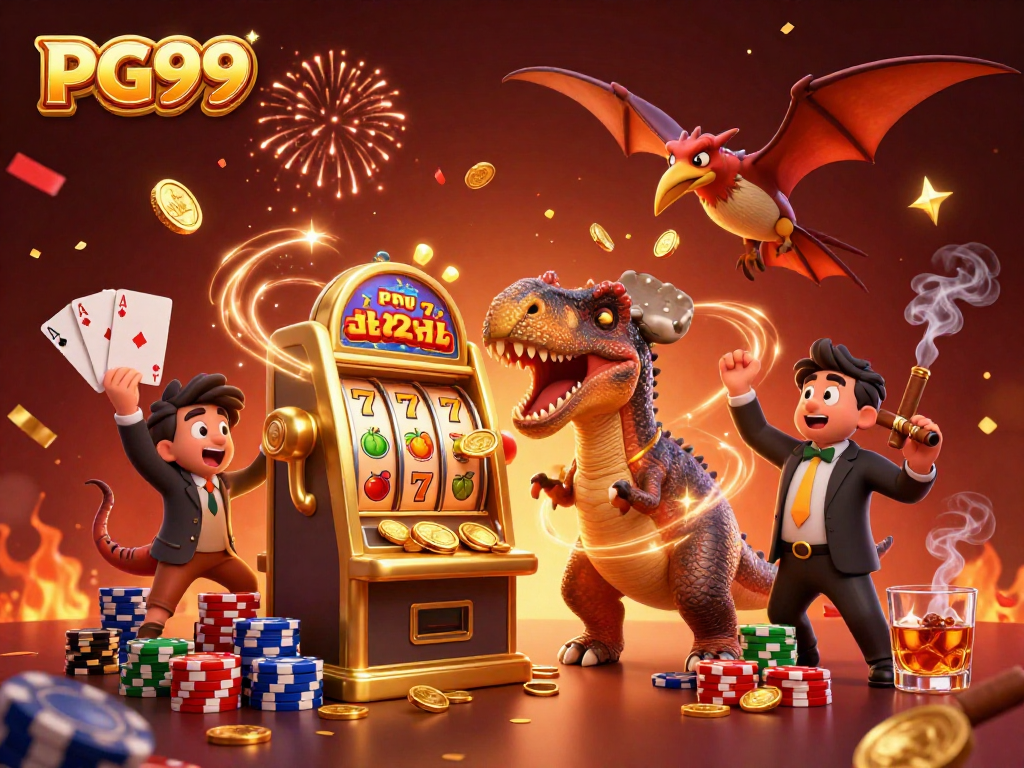 PG99 showcases a pachycephalosaurus winning a jackpot at a vibrant casino scene.
