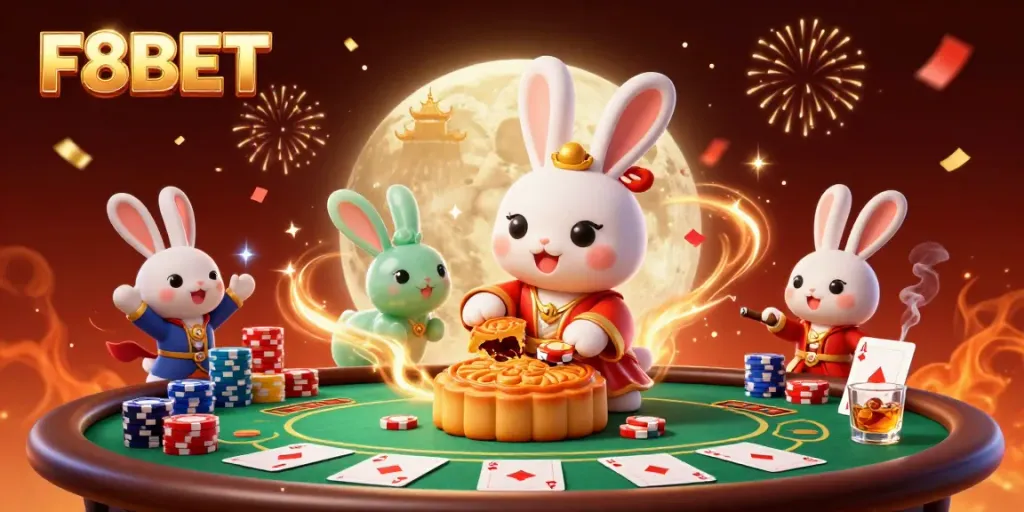 Experience the excitement of F8BET with a dynamic 3D illustration of a moon rabbit and companions revealing poker chips.