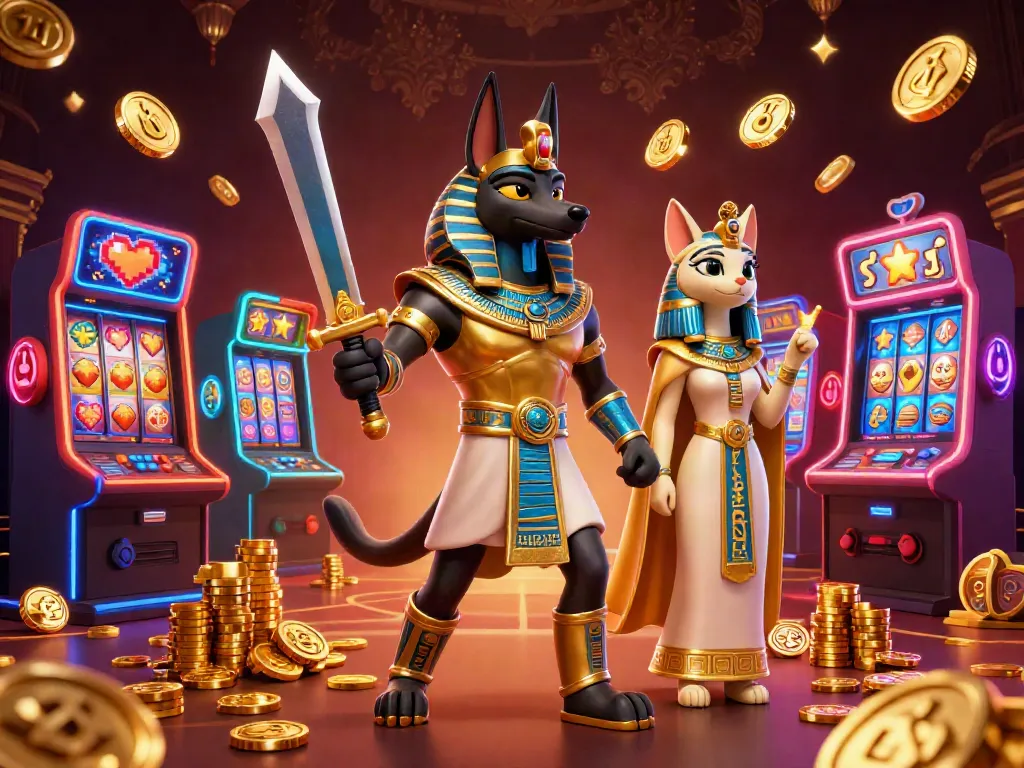 Kuwin offers an immersive 3D casino experience with Anubis and Bastet amidst slot machines and gold coins.