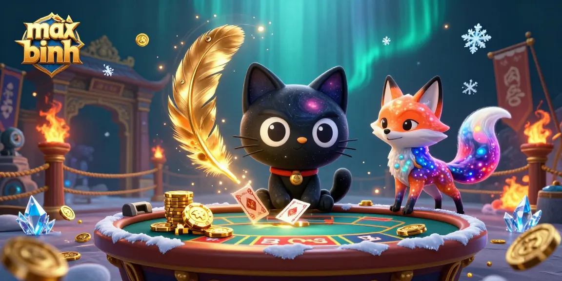 Mậu binh cat charms the casino with golden chips and cards in an immersive cosmic scene.