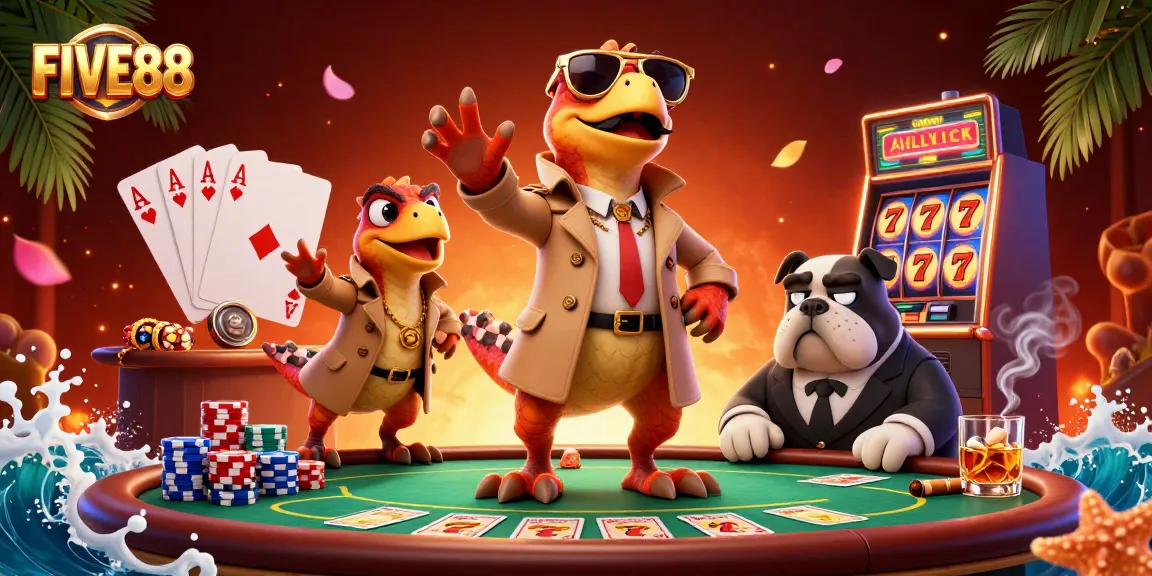 Experience an engaging casino scene with FIVE88 featuring raptors and poker elements.