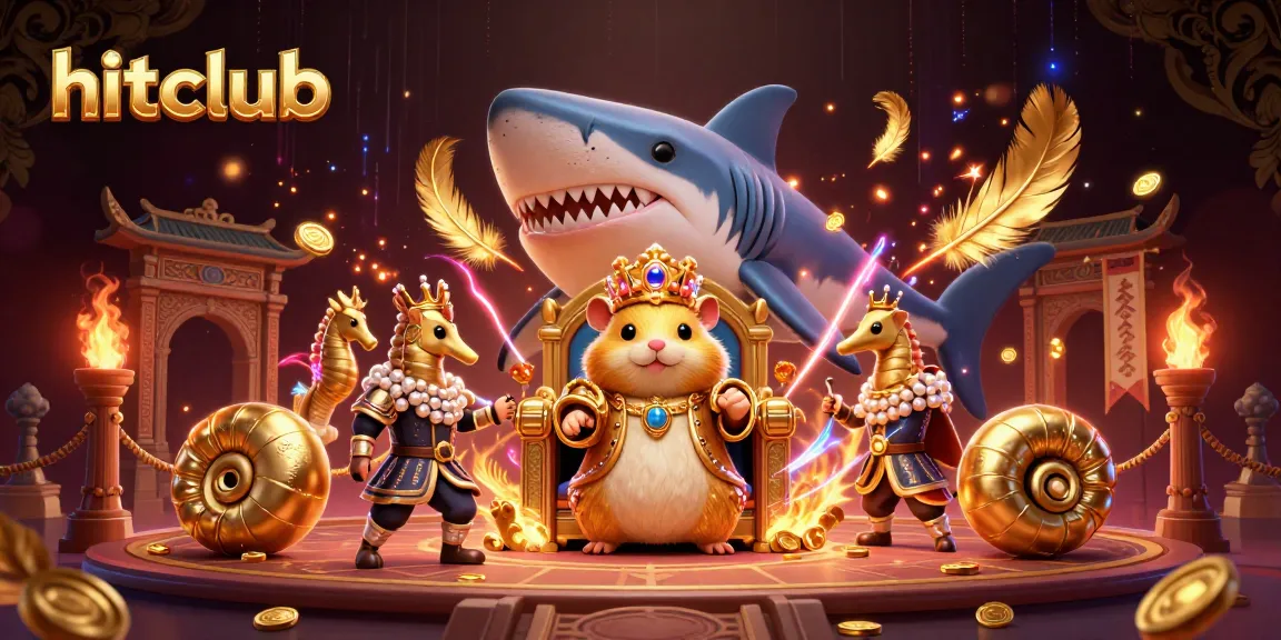 Hitclub engages players with a fierce golden hamster king in a dynamic casino scene filled with excitement and treasures.