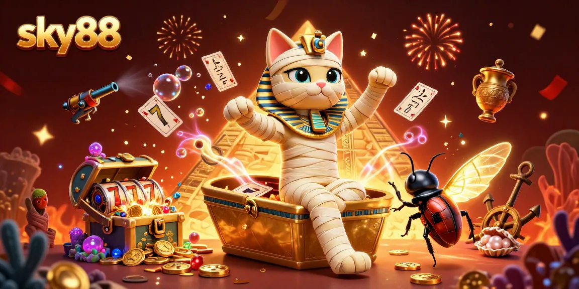 Join the excitement at sky88 as a 3D cartoon Egyptian mummy cat reveals treasures from a golden sarcophagus!