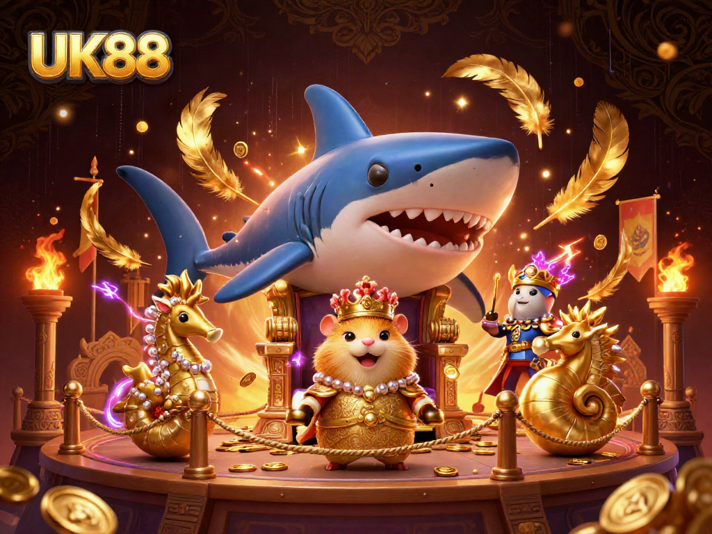 Engage with UK88's thrilling casino realm featuring a golden hamster king among seahorse guards.