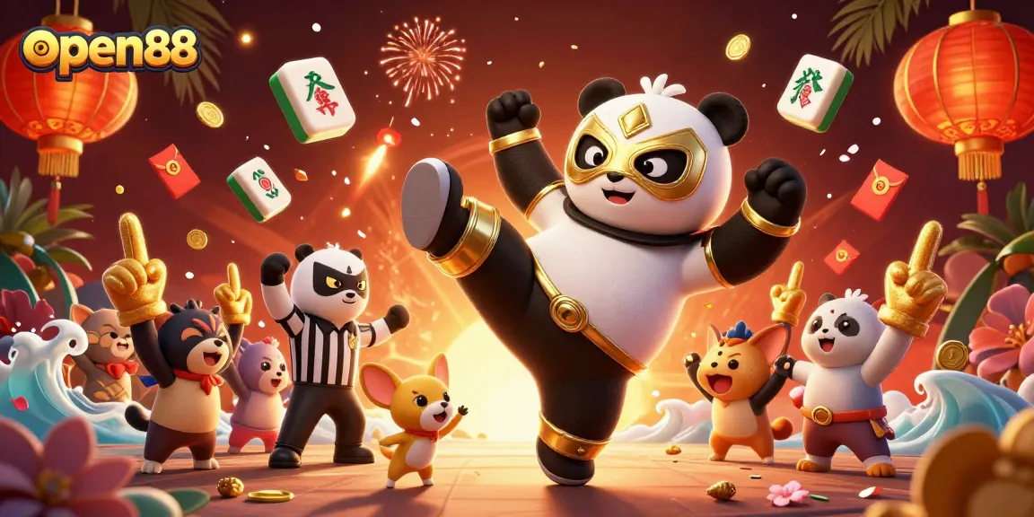 Experience thrilling gaming at open88 with a dynamic showdown between a panda wrestler and referee chihuahua.