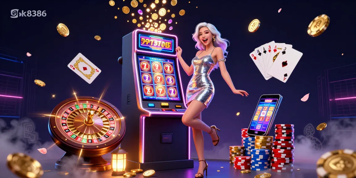 Experience excitement at ok8386's jackpot slots with golden coins and vibrant neon lights.