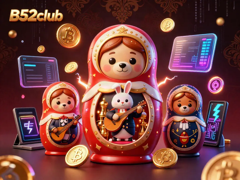 Engage with B52club's vibrant online casino atmosphere featuring charming characters and cryptocurrency elements.