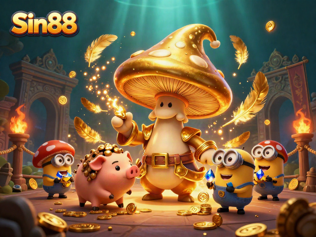 Engage with Sin88 in an exciting 3D illustration showcasing magical treasures and gambling delights.